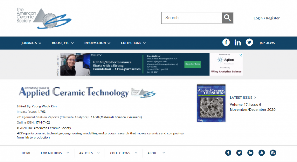 A snapshot of the position as an Editorial Board member of Dr. Pham Thanh Phong in International Journal of Applied Ceramic Technology