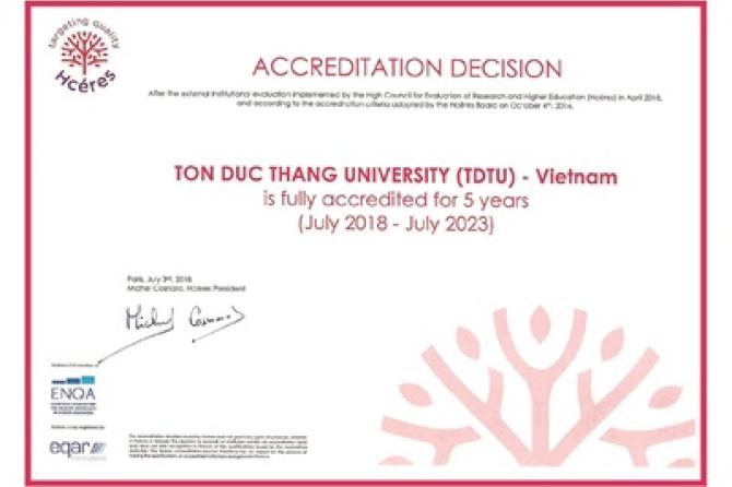 Chứng nhận: Đại học Tôn Đức Thắng đạt chuẩn kiểm định bởi Hội đồng cấp cao về kiểm định nghiên cứu và giáo dục (HCÉRES), Cộng hòa Pháp